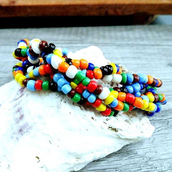 Chunky Rainbow Braided Beaded Bracelet, Boho Chic, Statement Jewelry 8.5" - Picture 1 of 5